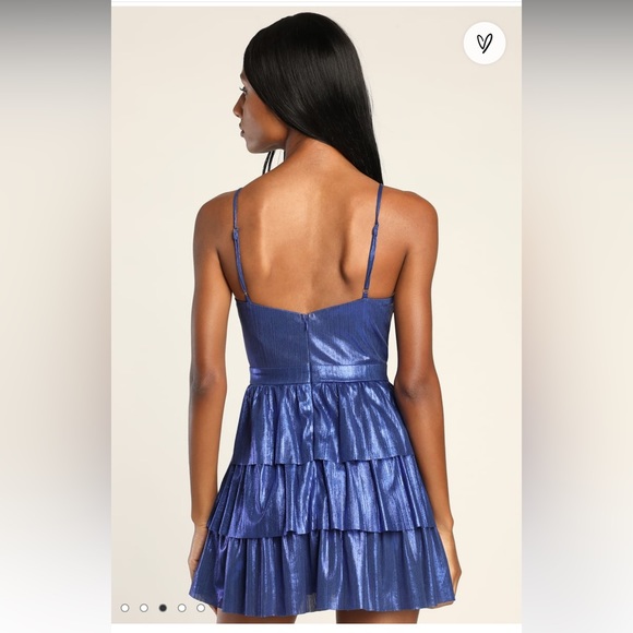 Lulu's Tier to Party Blue Shiny Sleeveless Tiered Mini Dress - Picture 2 of 4
